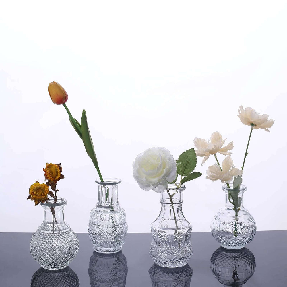 Set of 4 Clear Glass Antique Vintage Mini Bud Flower Vases