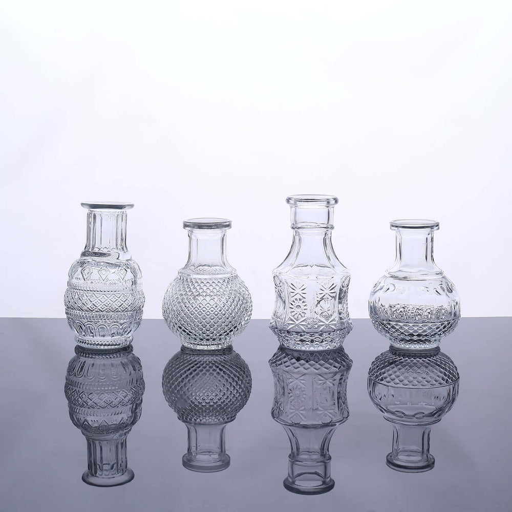 Set of 4 Clear Glass Antique Vintage Mini Bud Flower Vases