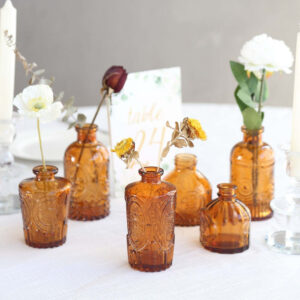 Set of 6 Vintage Embossed Amber Gold Colored Glass Bud Vases